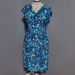 Jones Studio Vibrant Blue and Green Midi Dress Gathered Waist Size 16
